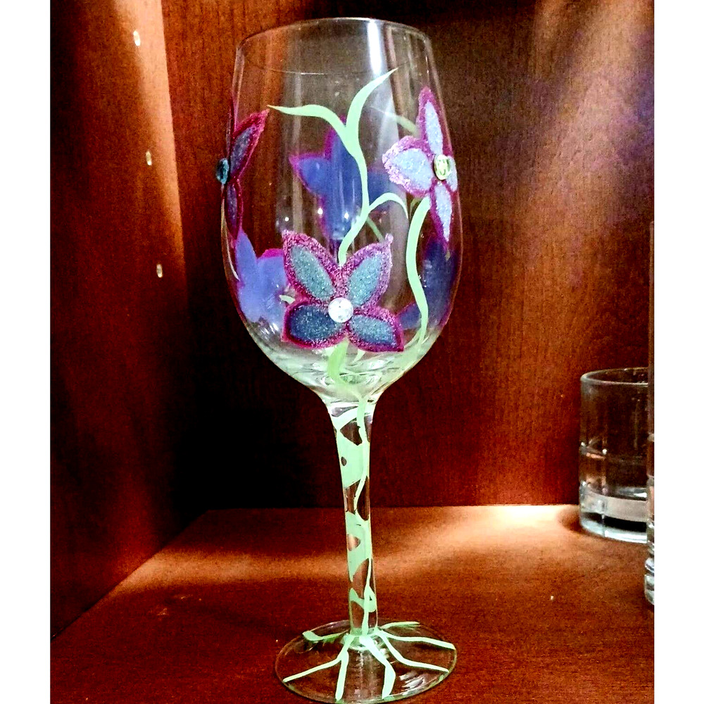2‎ Saints HAND PAINTED 9" WINE GLASS Sparkle Violets Flowers w Bling Diamonds